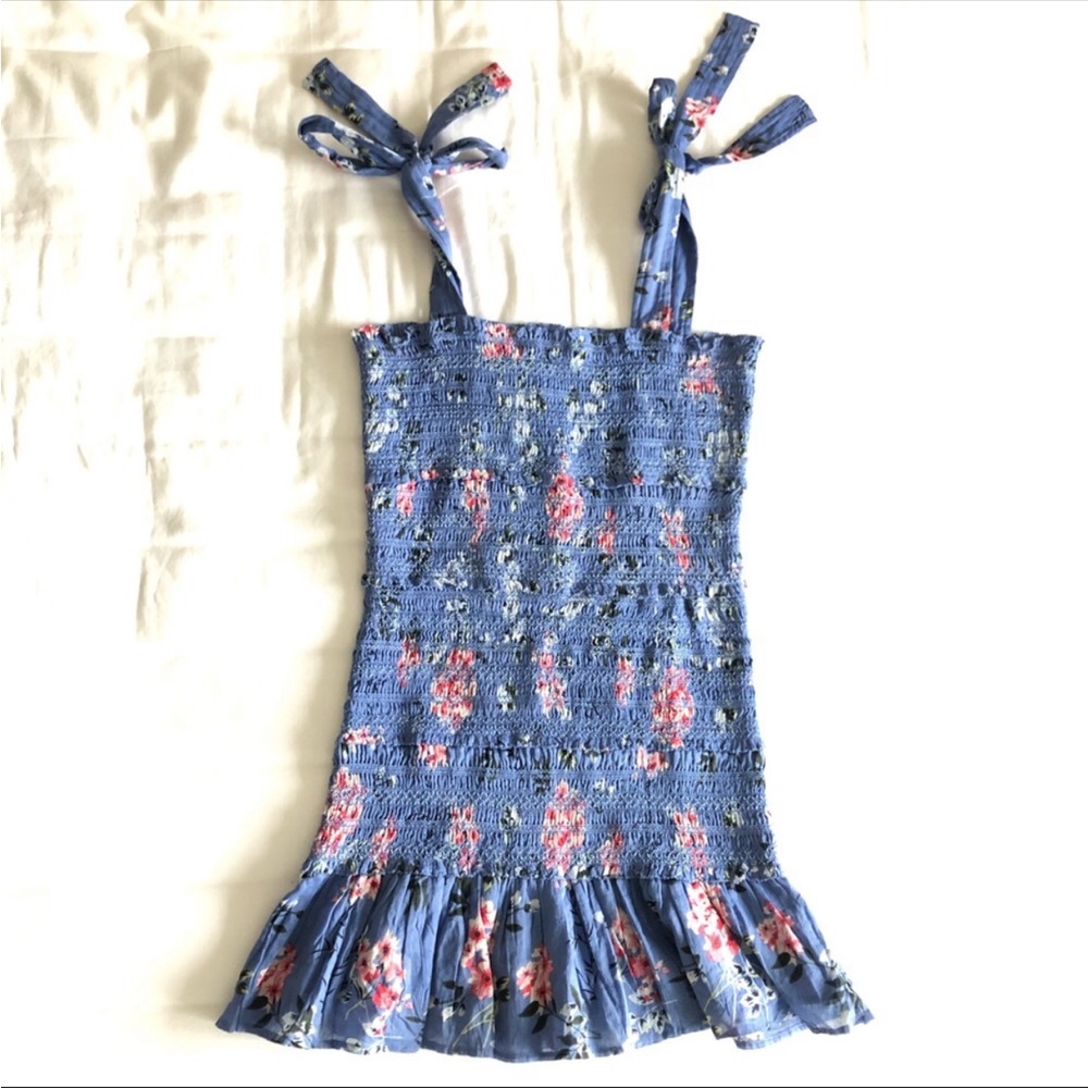 ASTR ANAIS Smocked Dress Sapphire White Floral Blue Cotton - Picture 2 of 7